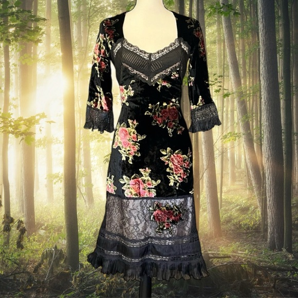 Sue Wong Dresses & Skirts - RARE Vintage 90s Y2K Sue Wong Sheer Lace & Velvet Floral Goth Witchy Vamp Dress